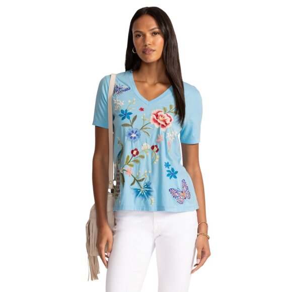 Johnny Was Nicolette V Short Ethereal Blue Tee Shirt Floral Embroidery Top NEW - Picture 3 of 8